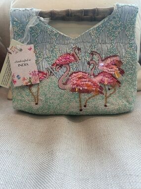 Viral Handcrafted Flamingo Beaded Tote - Pink & Aqua